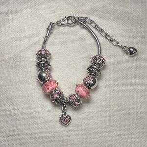 Charm Bracelet Silver Snake Chain Metal and Pink Beads Lobster Closure NWT